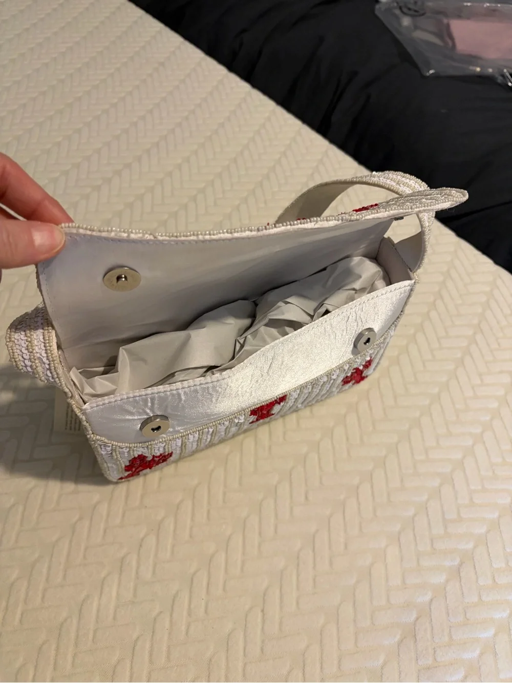 Handcrafted White Beaded Shoulder Bag with Red Lobster Embroidery